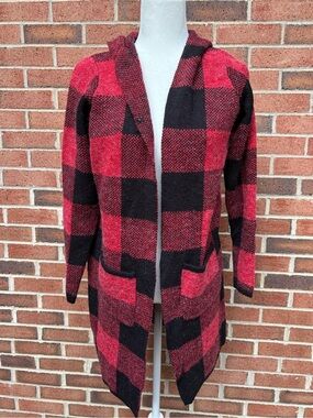 FDJ French Dressing Jeans Buffalo Check Hooded Cardigan Size XS Red Black